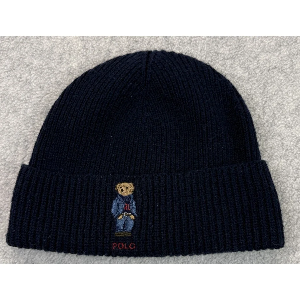 Polo Ralph Lauren Kids Polo Bear Beanie Navy Blue Ribbed Knit Embroidered Winter